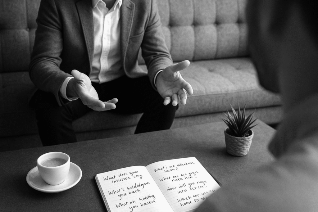 Two people talking and listening in a coaching session