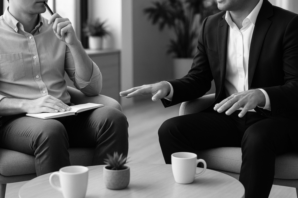 Two people talking and listening in a coaching session
