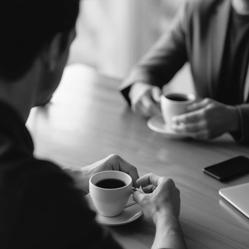 Photo of 2 people chatting over coffee