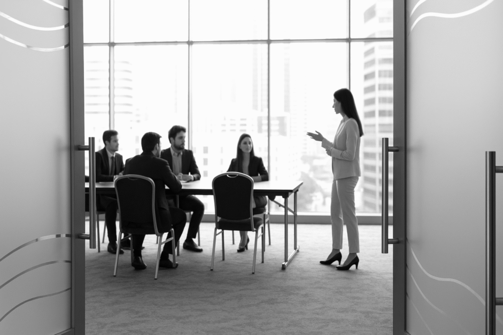Woman speaking to a team
