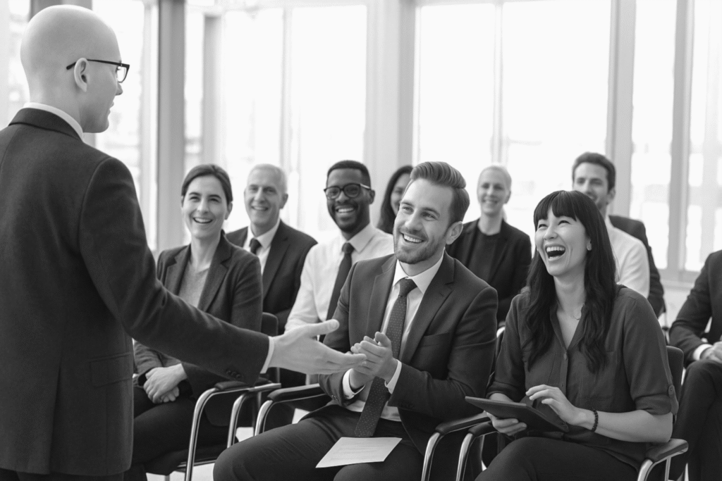 Audience laughing and engaging with a speaker