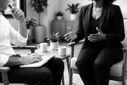 Two people talking and listening in a coaching session