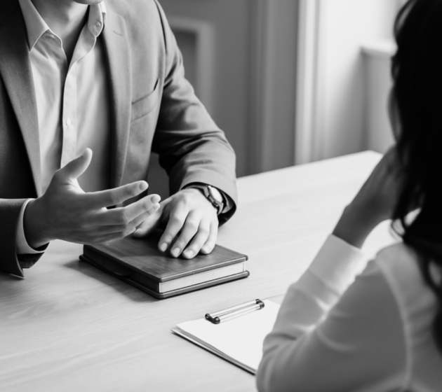 Two people talking and listening in a coaching session
